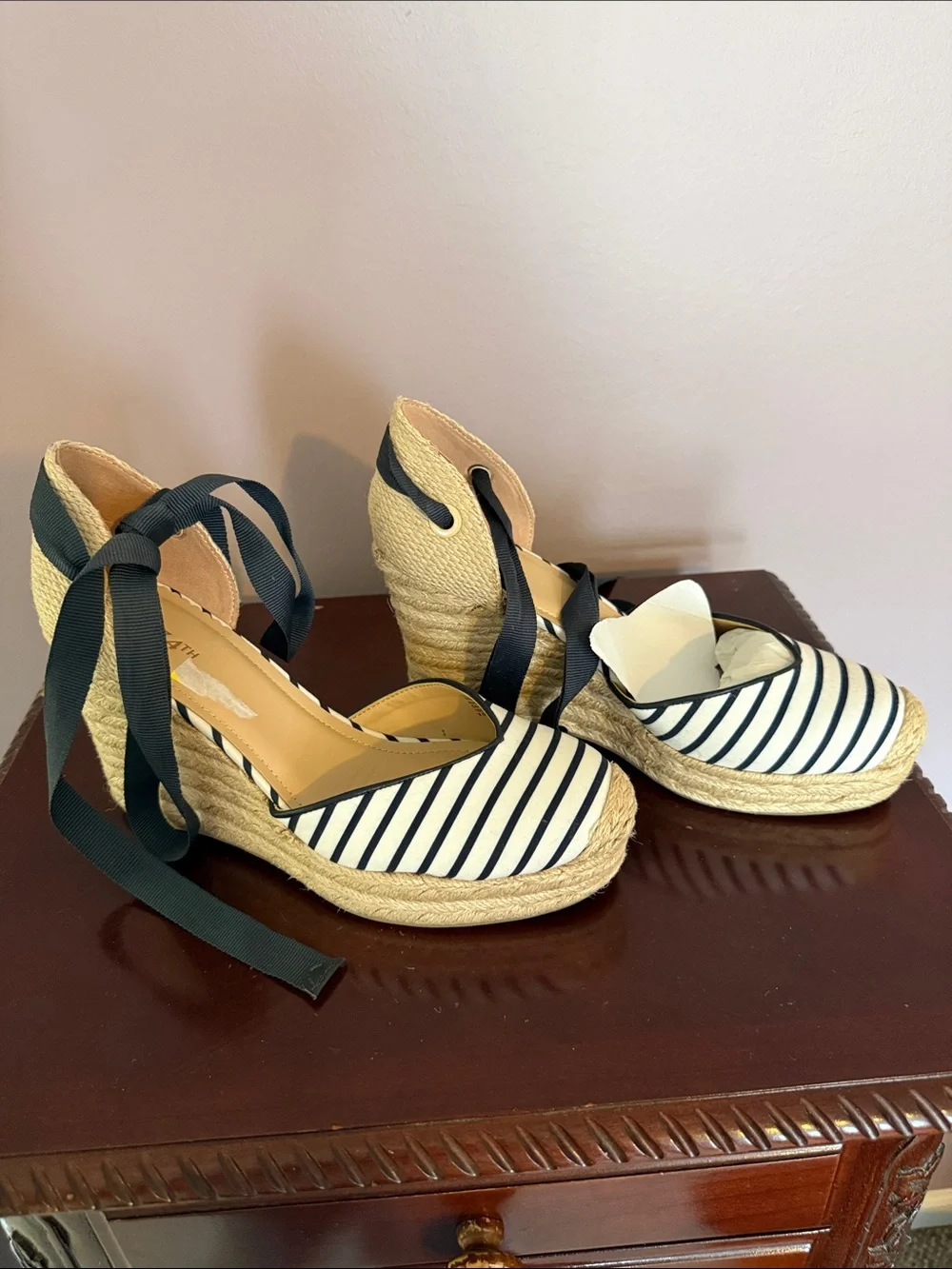 Striped Navy and Cream Espadrille Wedges with Ankle Tie